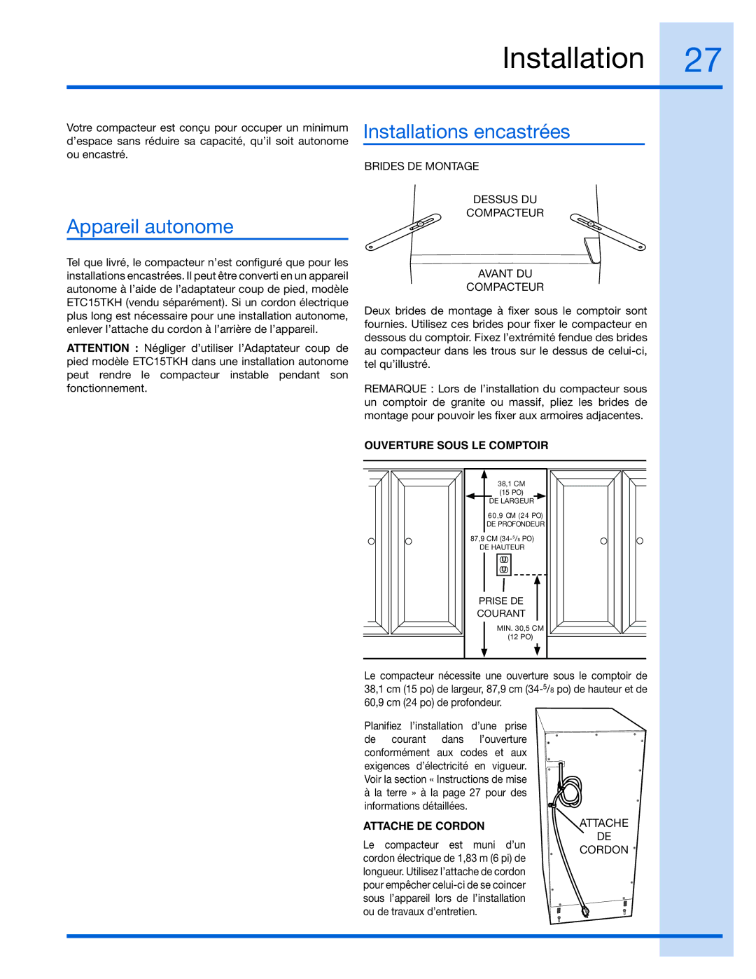 Electrolux E15TC75HPS, 99526808A manual Appareil autonome, Installations encastrées 