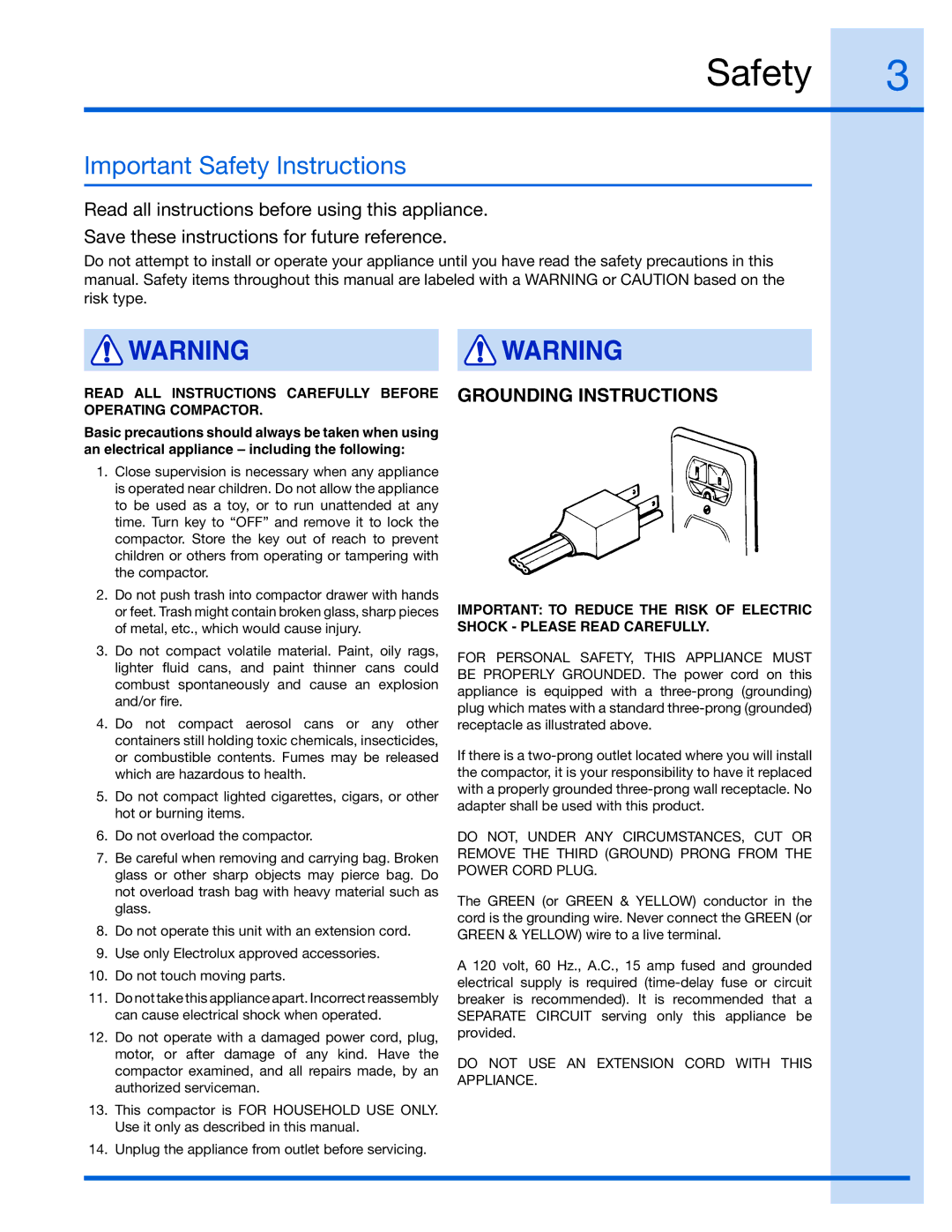 Electrolux E15TC75HPS, 99526808A manual Important Safety Instructions 