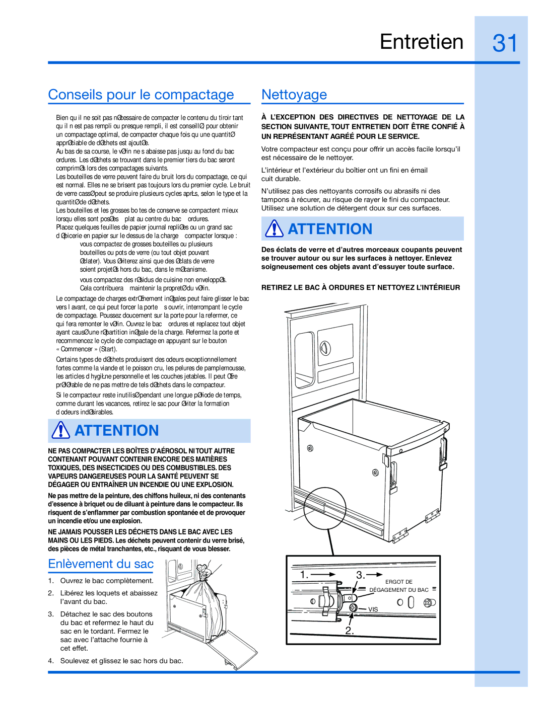 Electrolux E15TC75HPS, 99526808A manual Entretien, Conseils pour le compactage, Nettoyage 