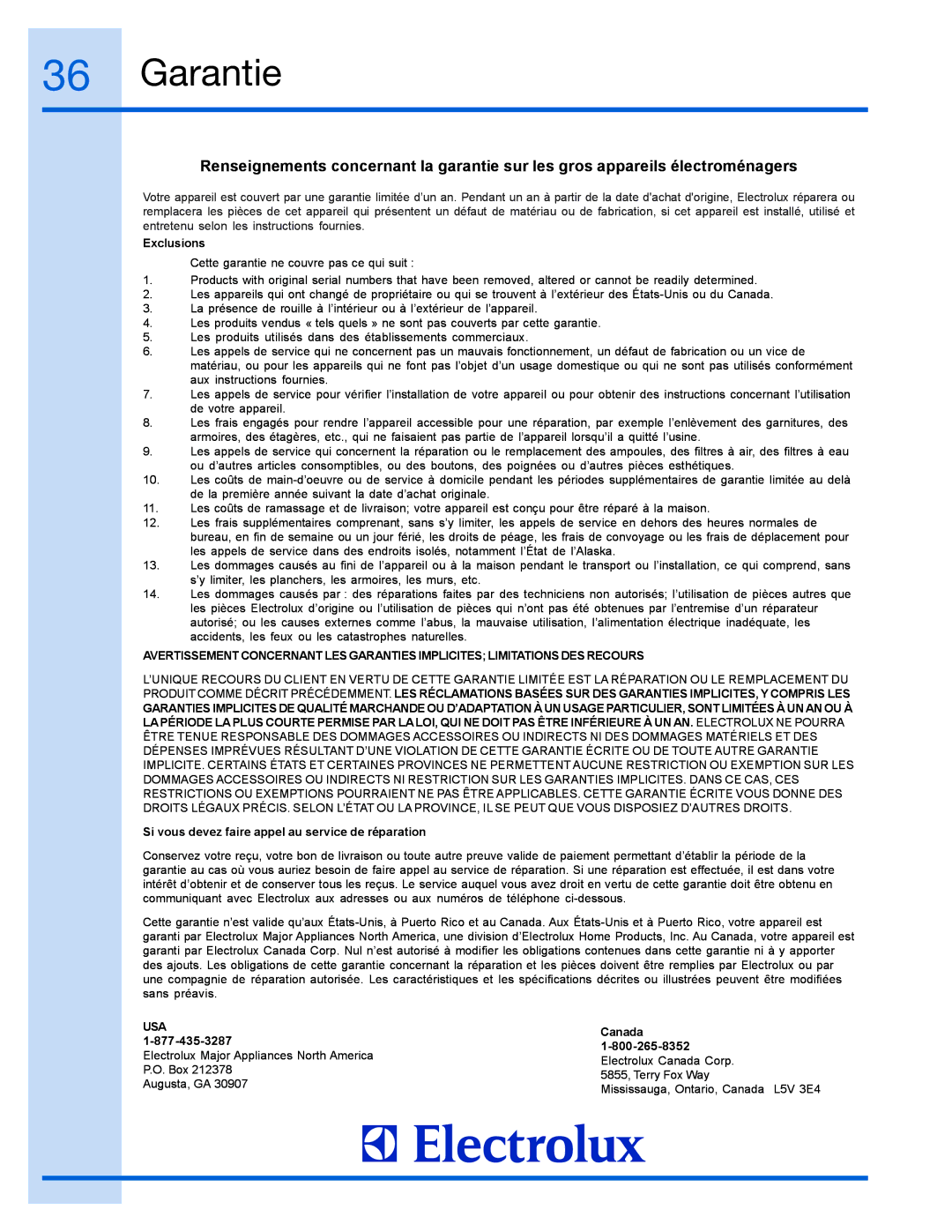 Electrolux 99526808A, E15TC75HPS manual Garantie, Exclusions 