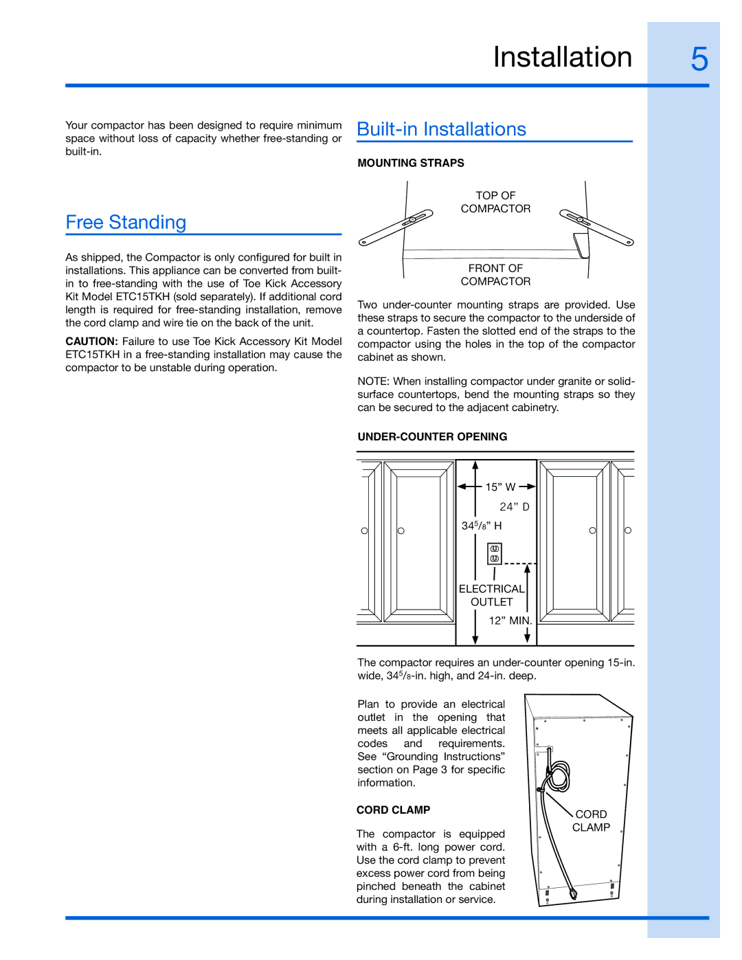 Electrolux E15TC75HPS, 99526808A manual Free Standing, Built-in Installations 