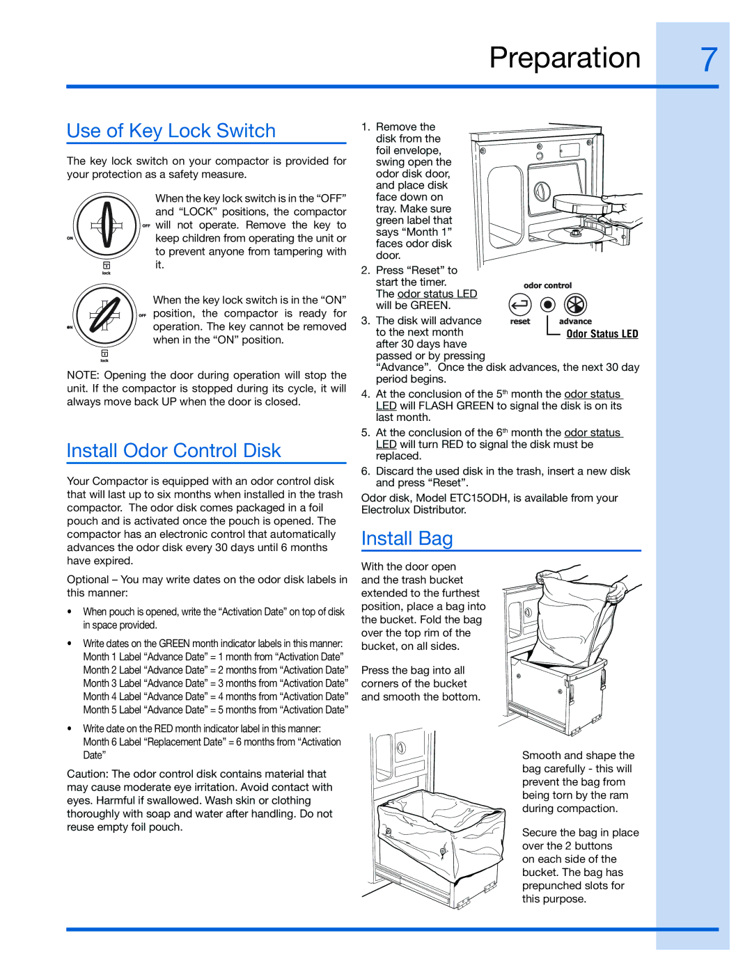 Electrolux E15TC75HPS, 99526808A manual Use of Key Lock Switch, Install Odor Control Disk, Install Bag 