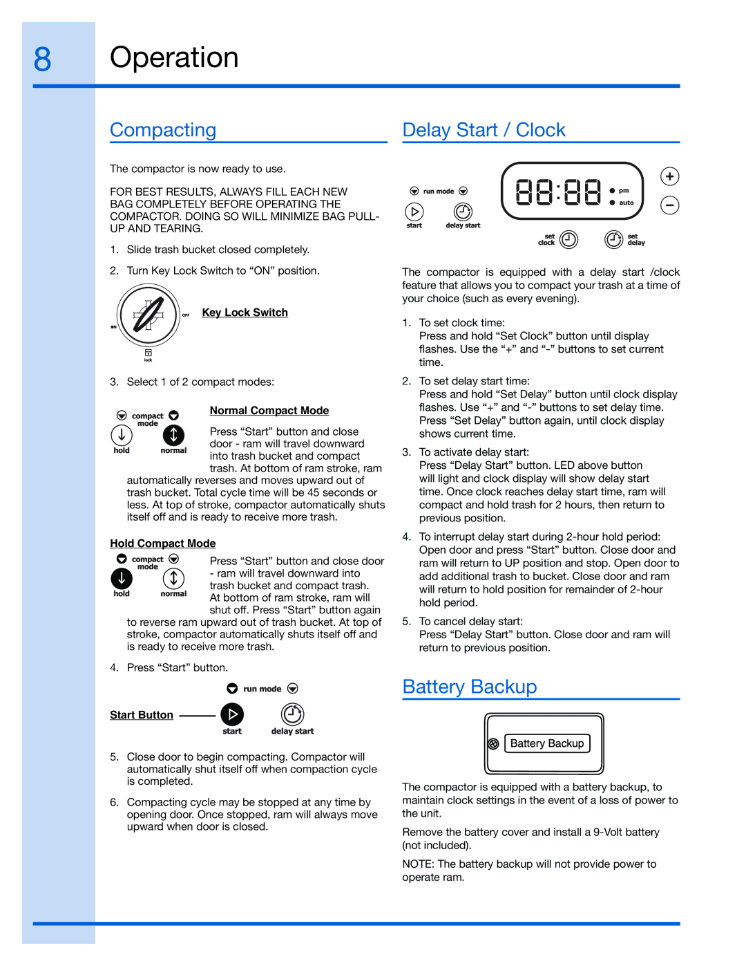 Electrolux 99526808A, E15TC75HPS manual Operation, Compacting, Delay Start / Clock, Battery Backup 