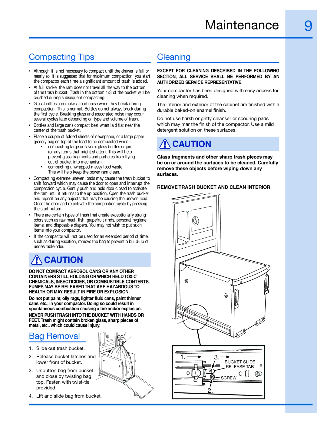 Electrolux E15TC75HPS, 99526808A manual Maintenance, Compacting Tips, Bag Removal, Cleaning 