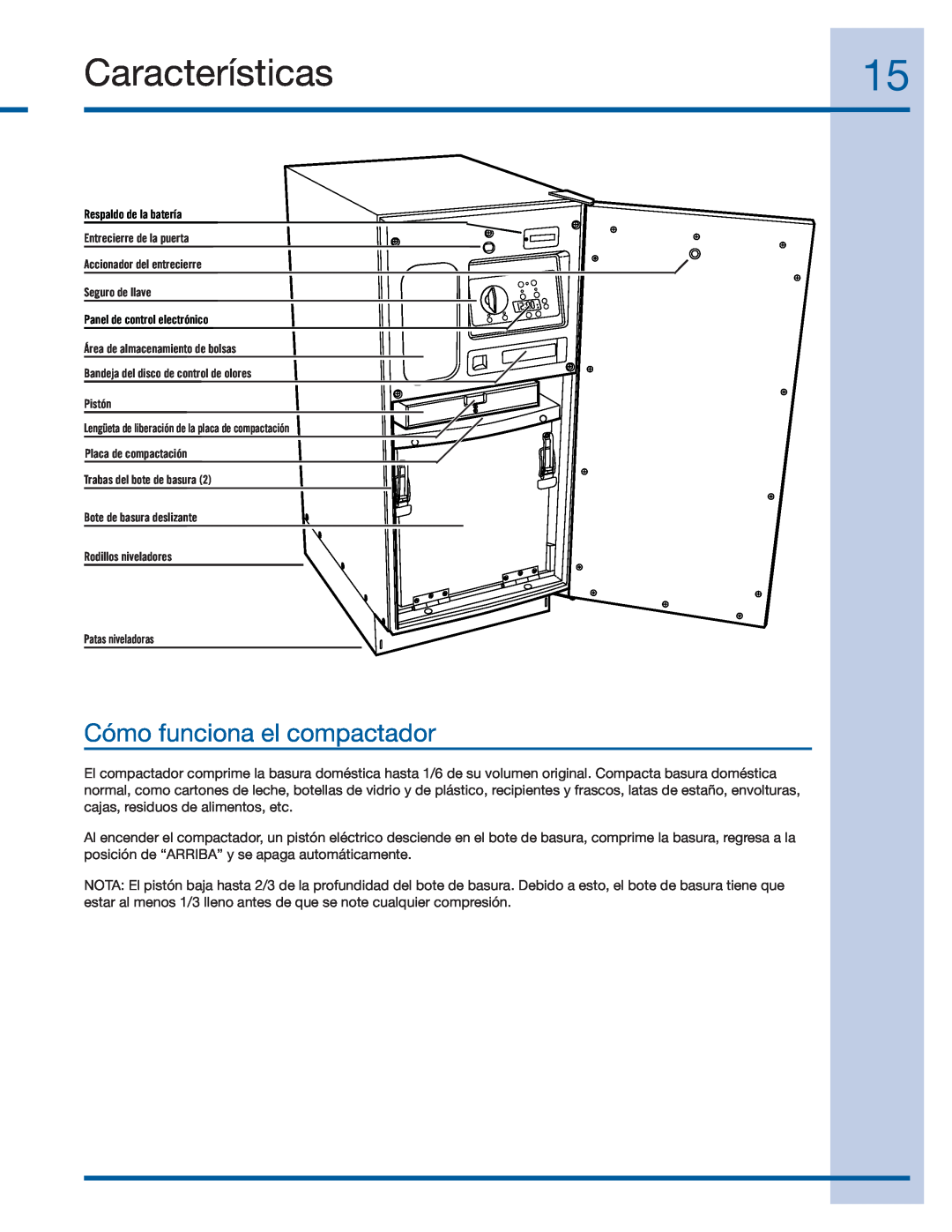 Electrolux E15TC75HPS, 99526808A manual Características, Cómo funciona el compactador 