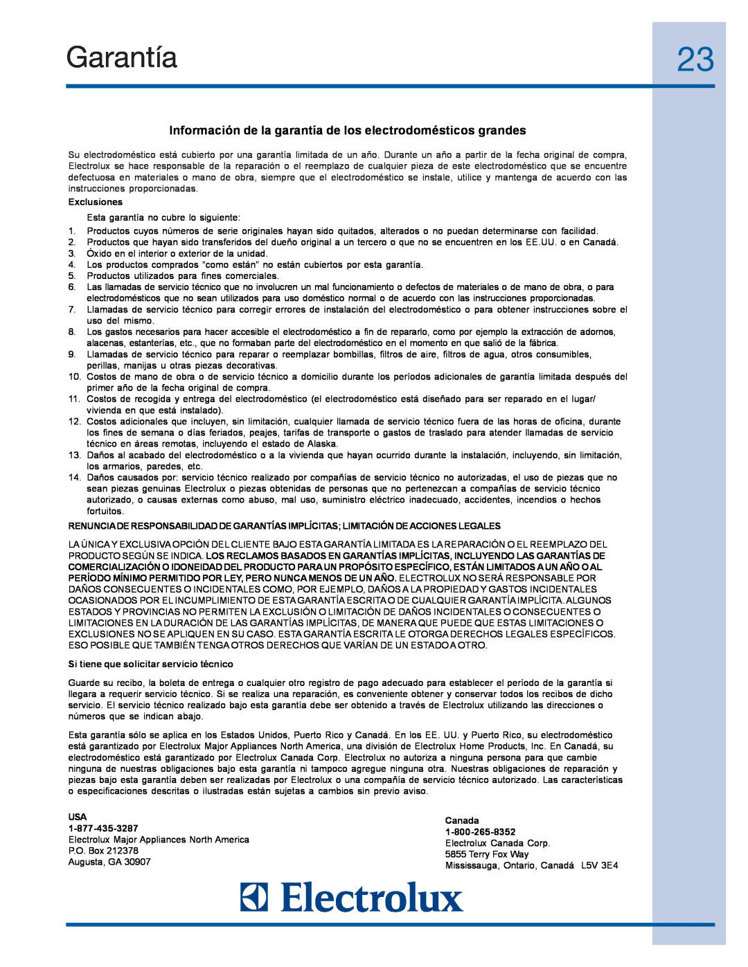 Electrolux E15TC75HPS manual Garantía, Información de la garantía de los electrodomésticos grandes, Exclusiones, Canada 