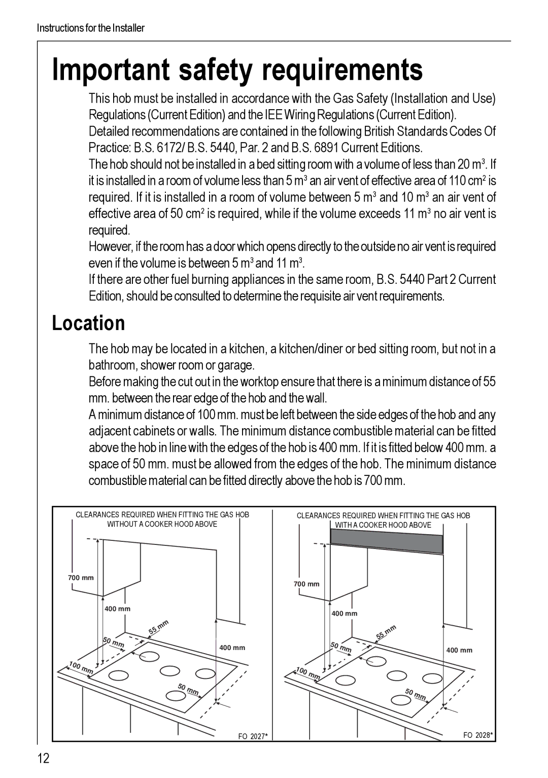 Electrolux 99852 G manual Important safety requirements, Location 