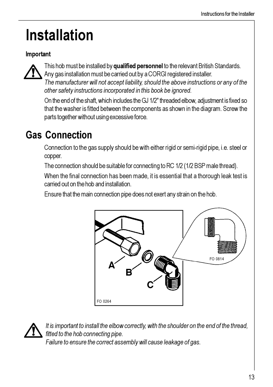 Electrolux 99852 G manual Installation, Gas Connection 