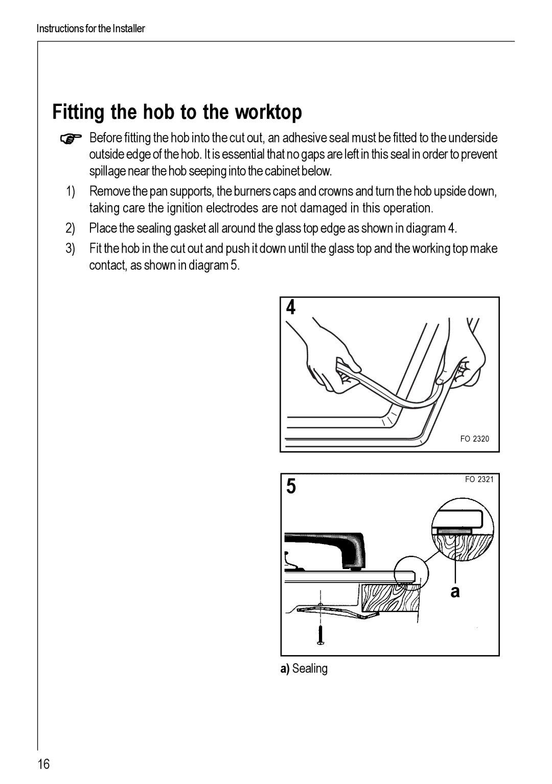 Electrolux 99852 G manual Fitting the hob to the worktop 