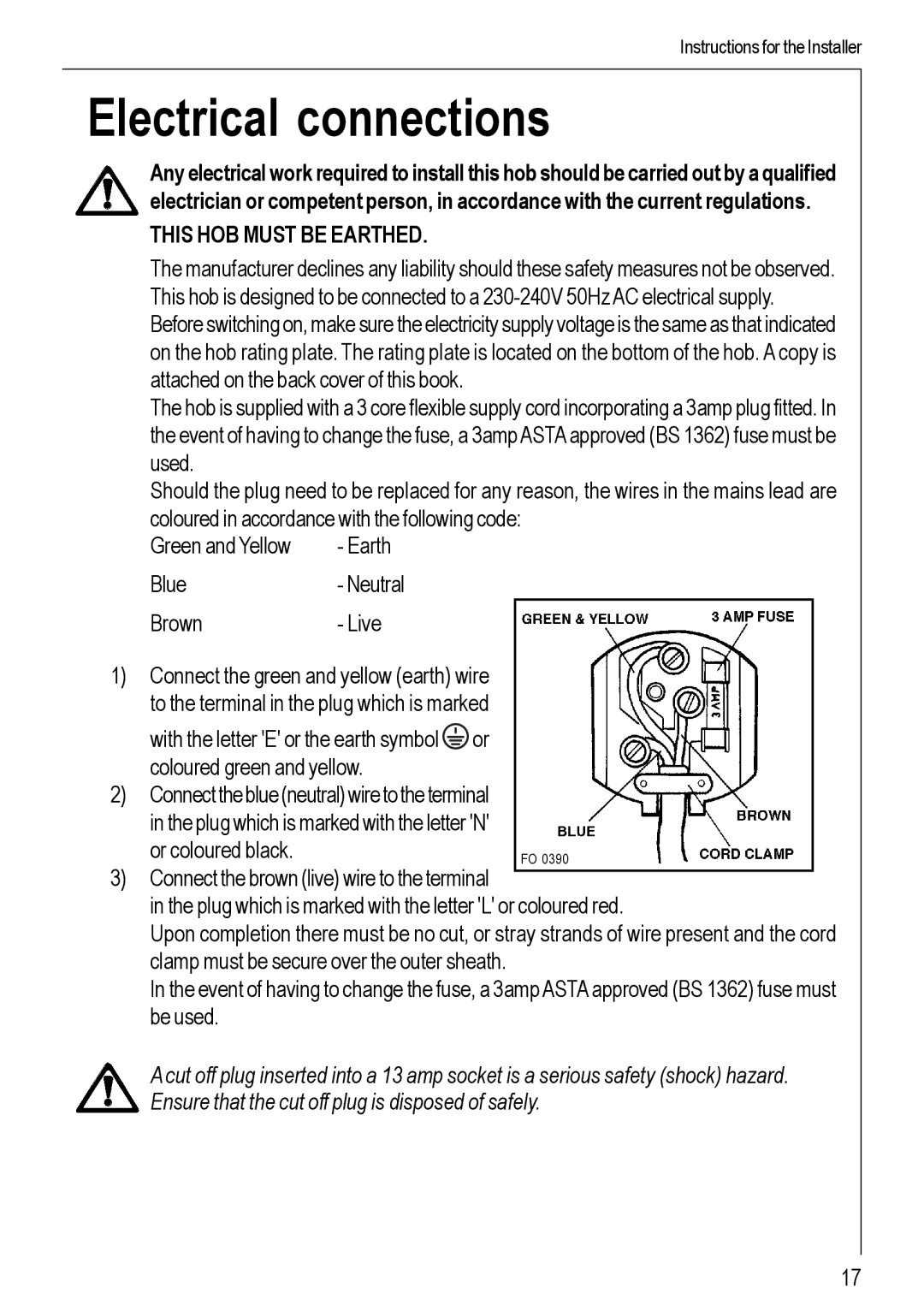 Electrolux 99852 G manual Electrical connections, This HOB Must be Earthed 