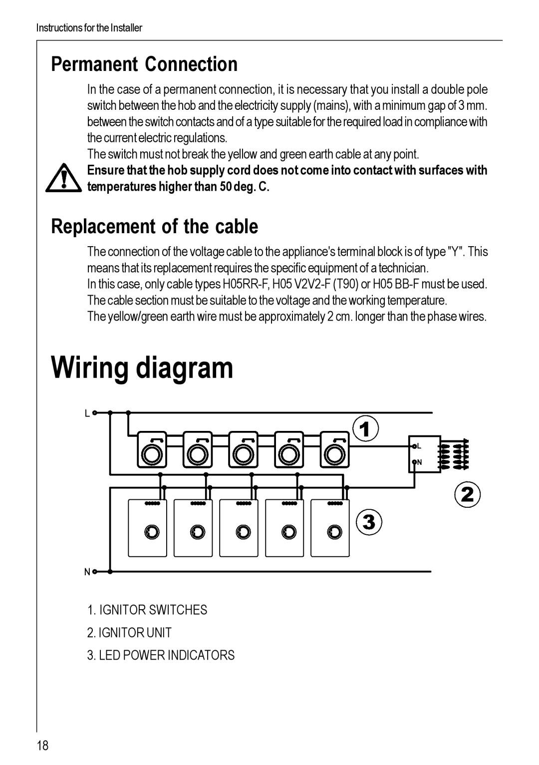 Electrolux 99852 G manual Wiring diagram, Permanent Connection, Replacement of the cable 