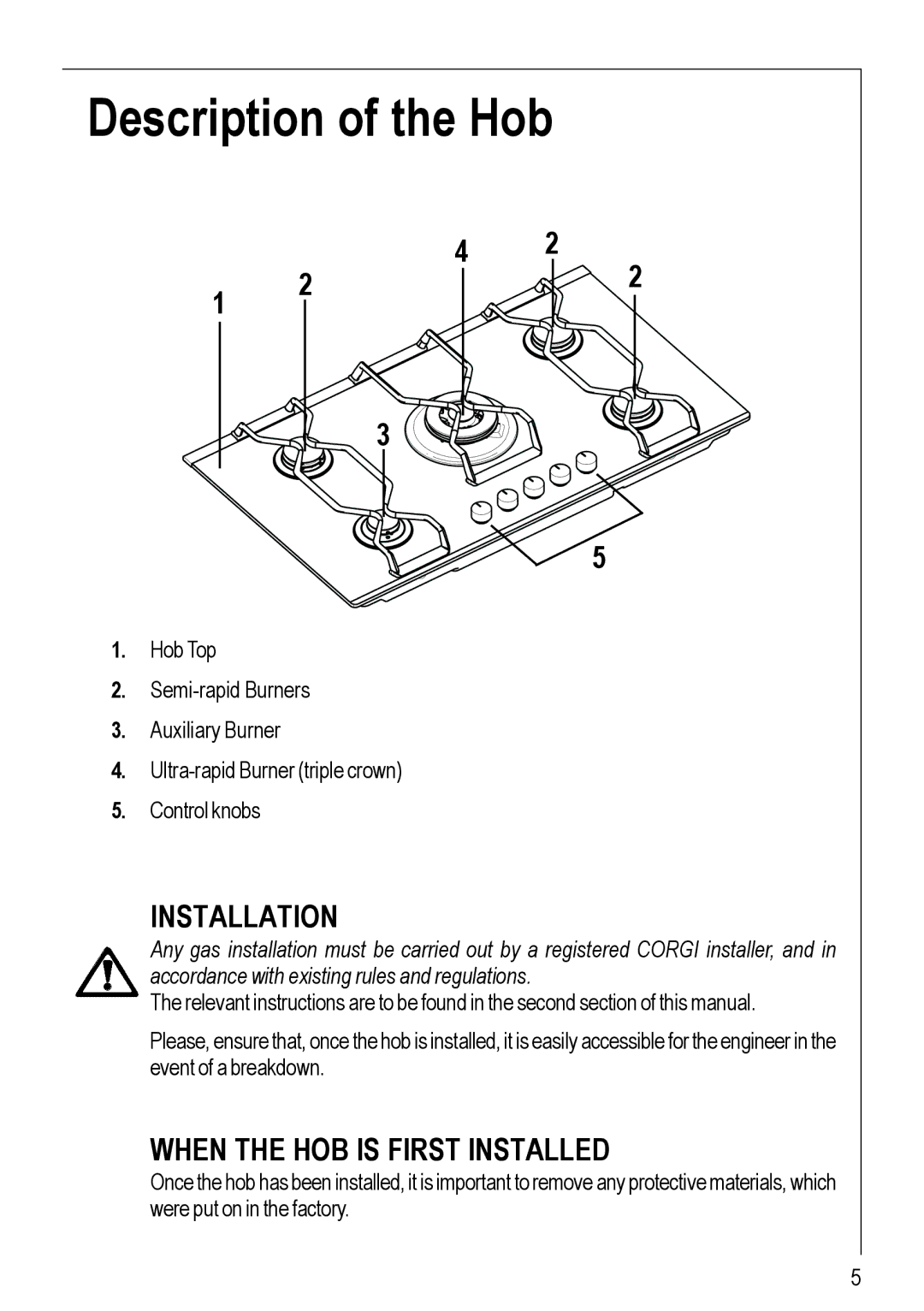 Electrolux 99852 G manual Description of the Hob, Installation 