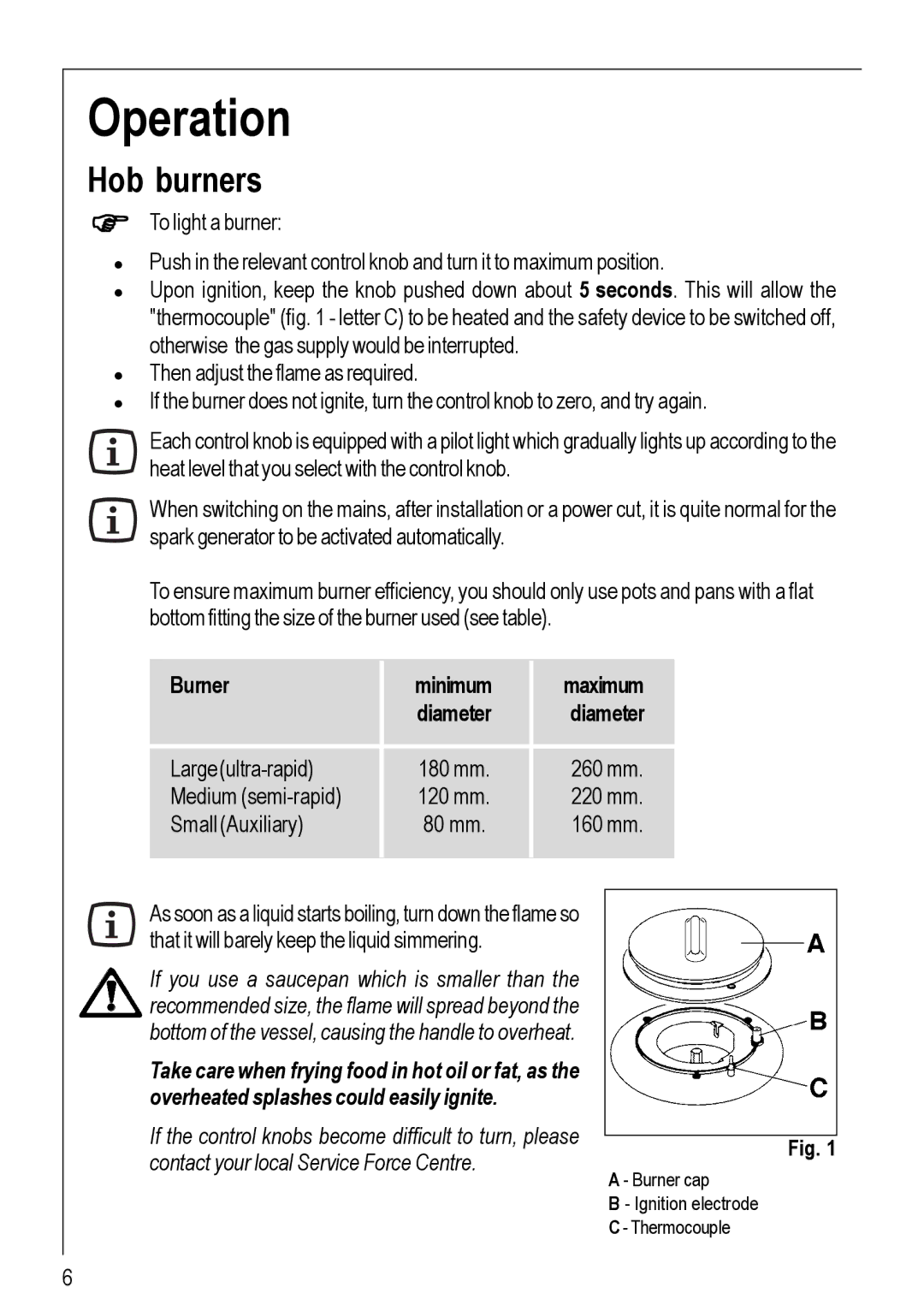 Electrolux 99852 G manual Operation, Hob burners 