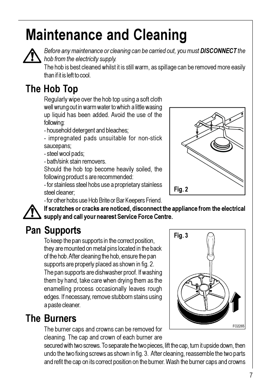 Electrolux 99852 G manual Maintenance and Cleaning, Hob Top, Pan Supports, Burners 