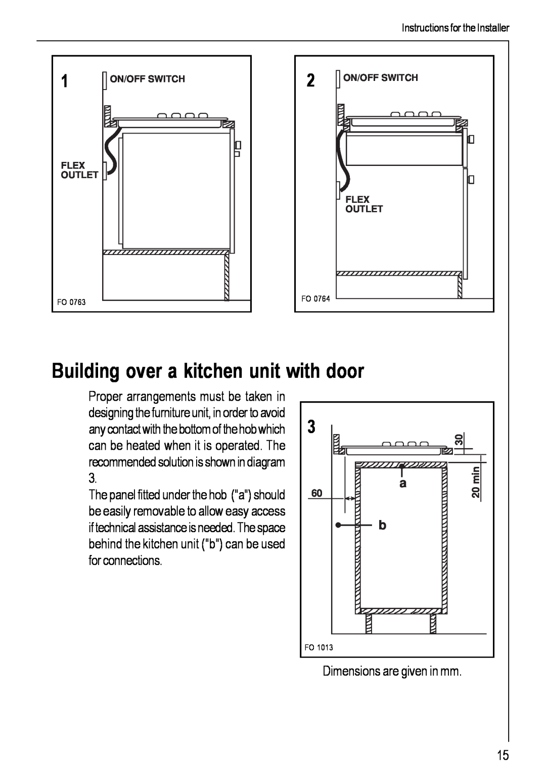 Electrolux 99852 G manual Building over a kitchen unit with door, Dimensions are given in mm 
