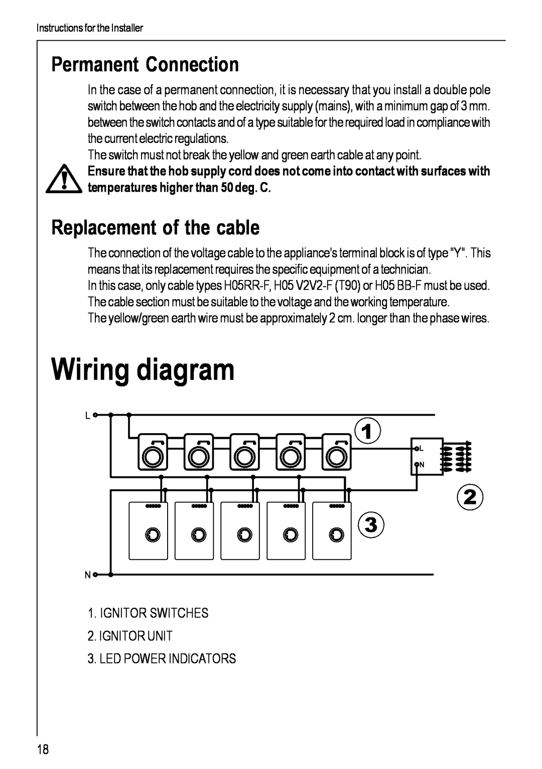 Electrolux 99852 G manual Wiring diagram, Permanent Connection, Replacement of the cable 