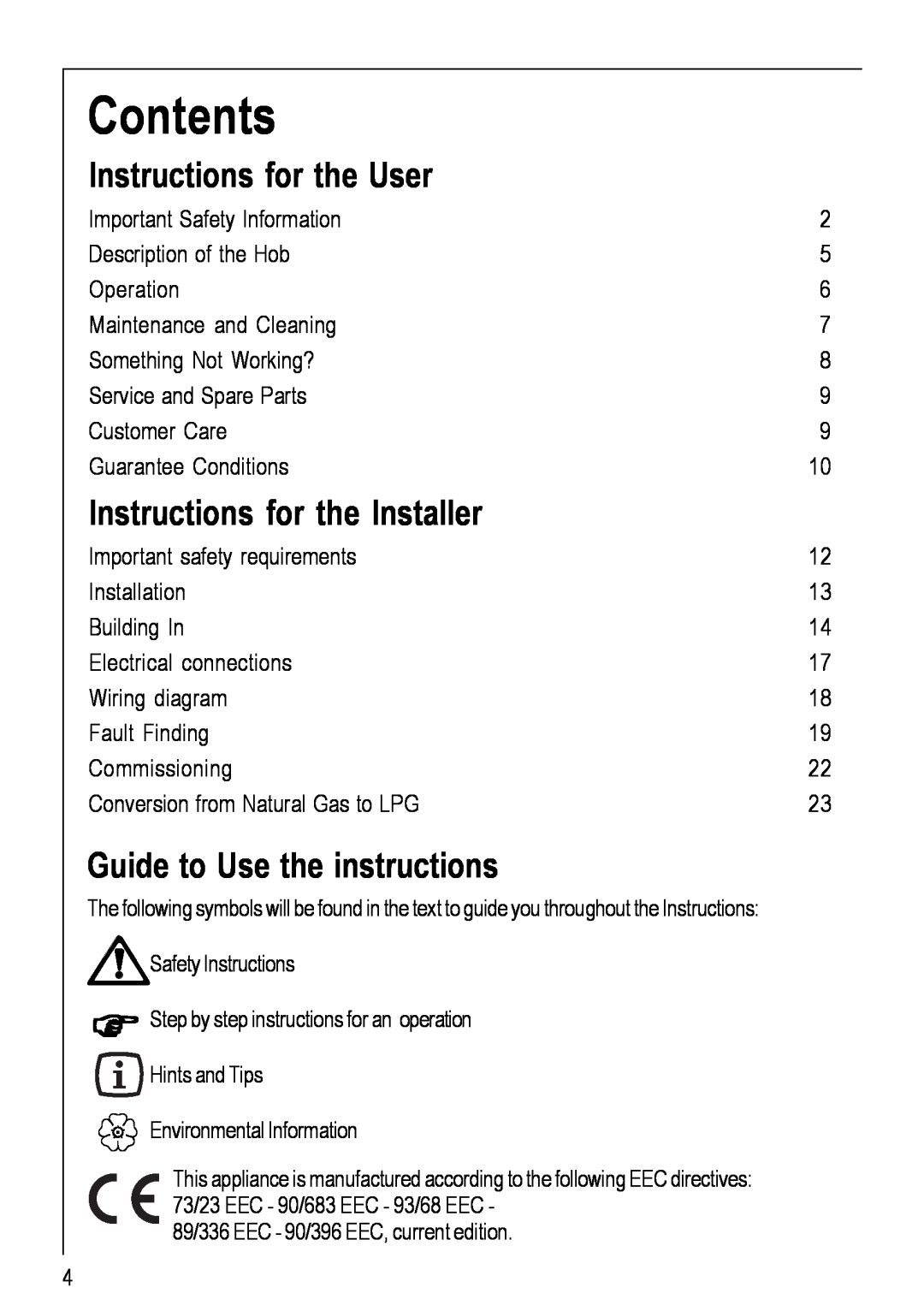 Electrolux 99852 G Contents, Instructions for the User, Instructions for the Installer, Guide to Use the instructions 