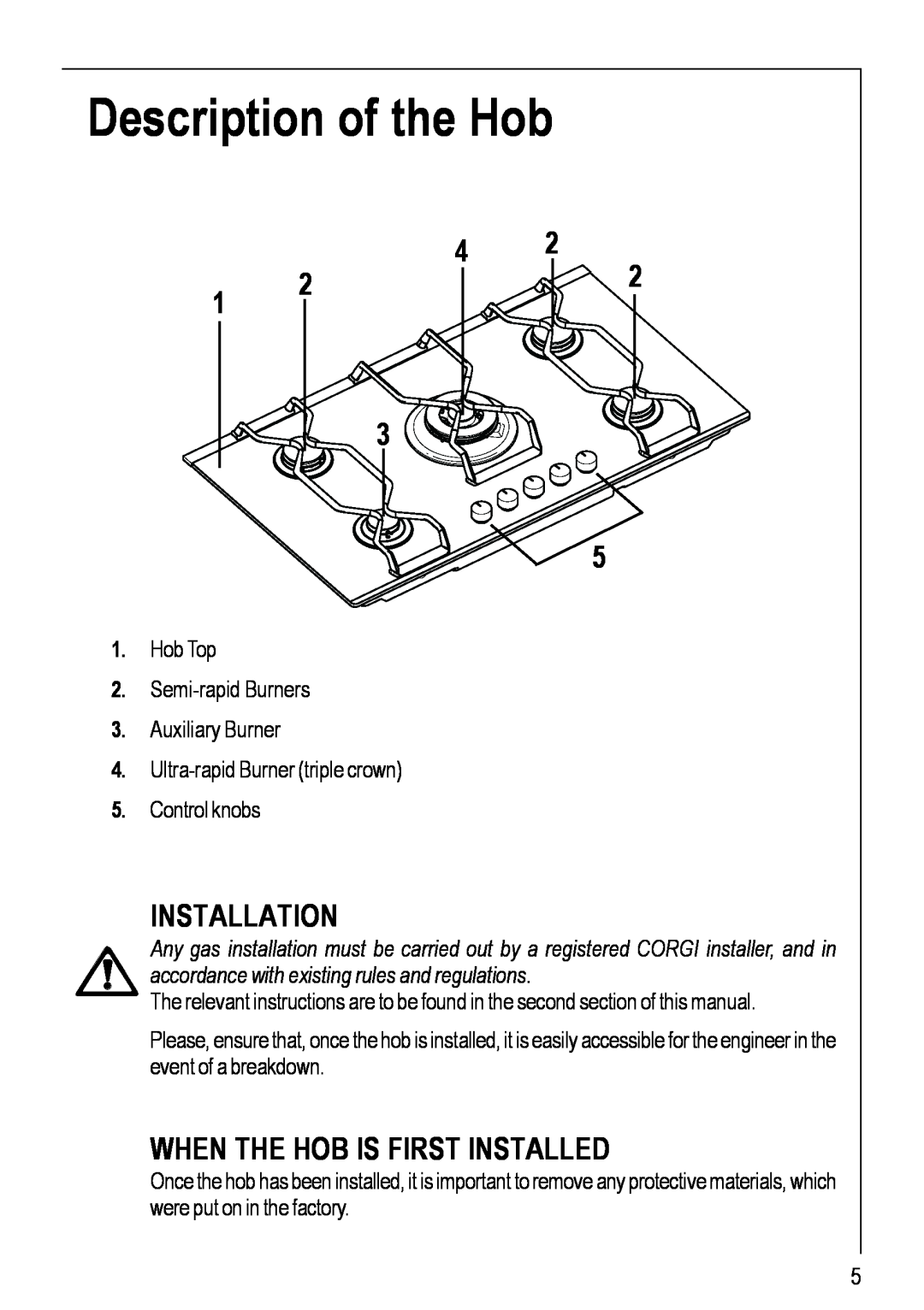 Electrolux 99852 G manual Description of the Hob, Installation, When The Hob Is First Installed 