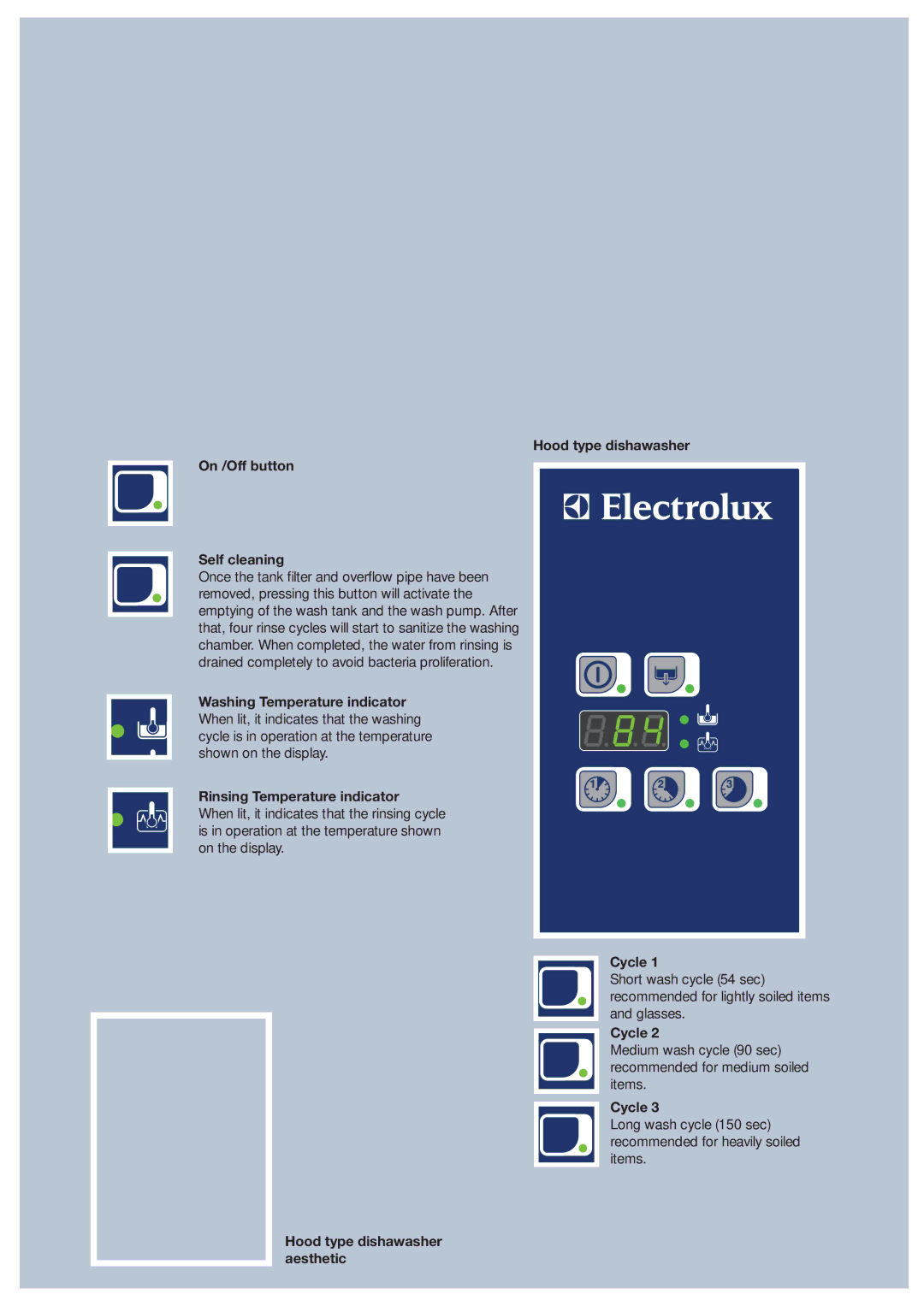 Electrolux 9JEDQU manual Hood type dishawasher On /Off button Self cleaning, Hood type dishawasher aesthetic 