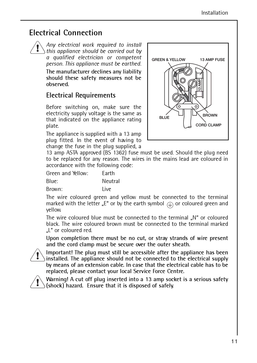 Electrolux A 40100 GS operating instructions Electrical Connection, Electrical Requirements 