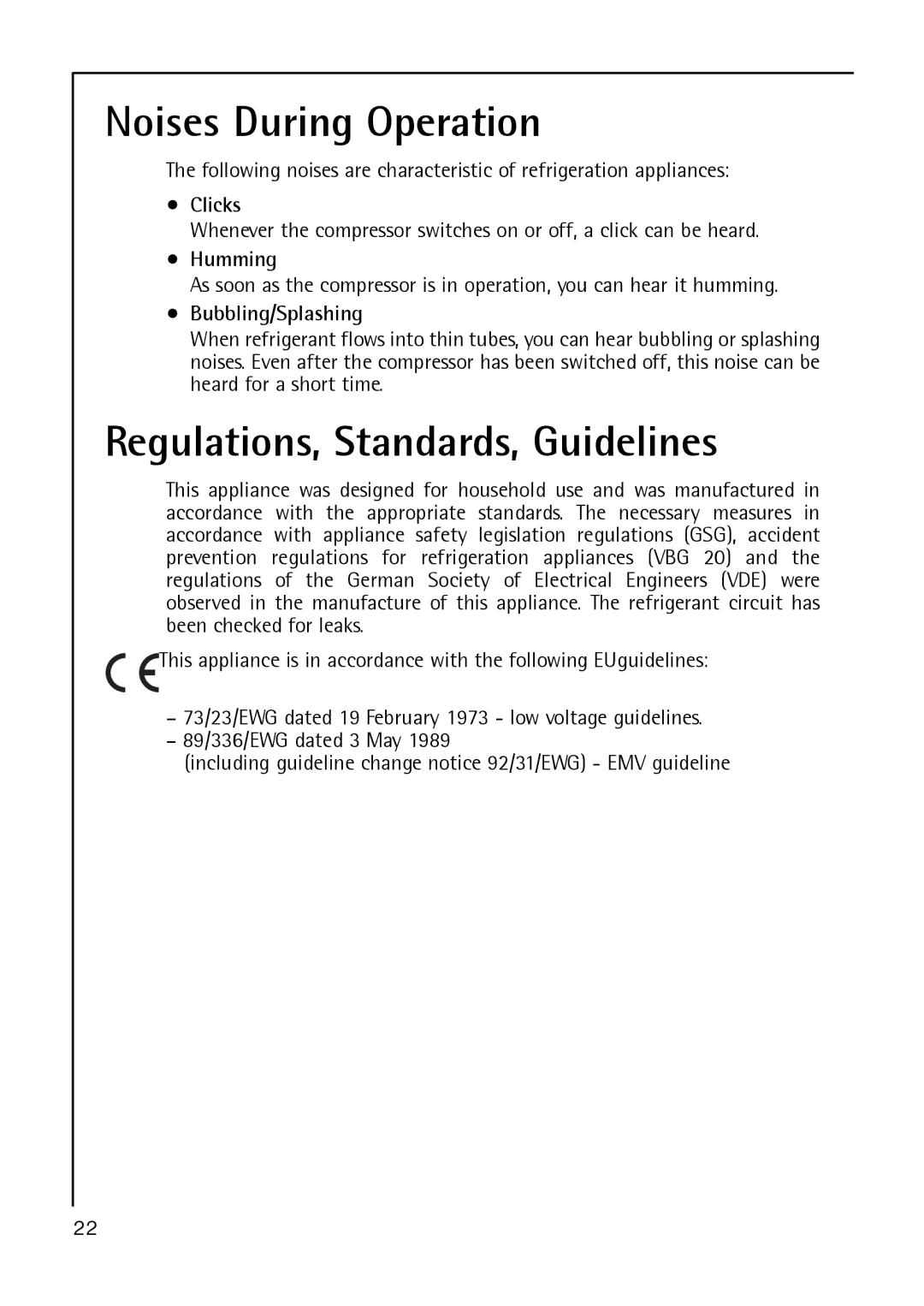 Electrolux A 40100 GS Noises During Operation, Regulations, Standards, Guidelines, Clicks, Humming, Bubbling/Splashing 