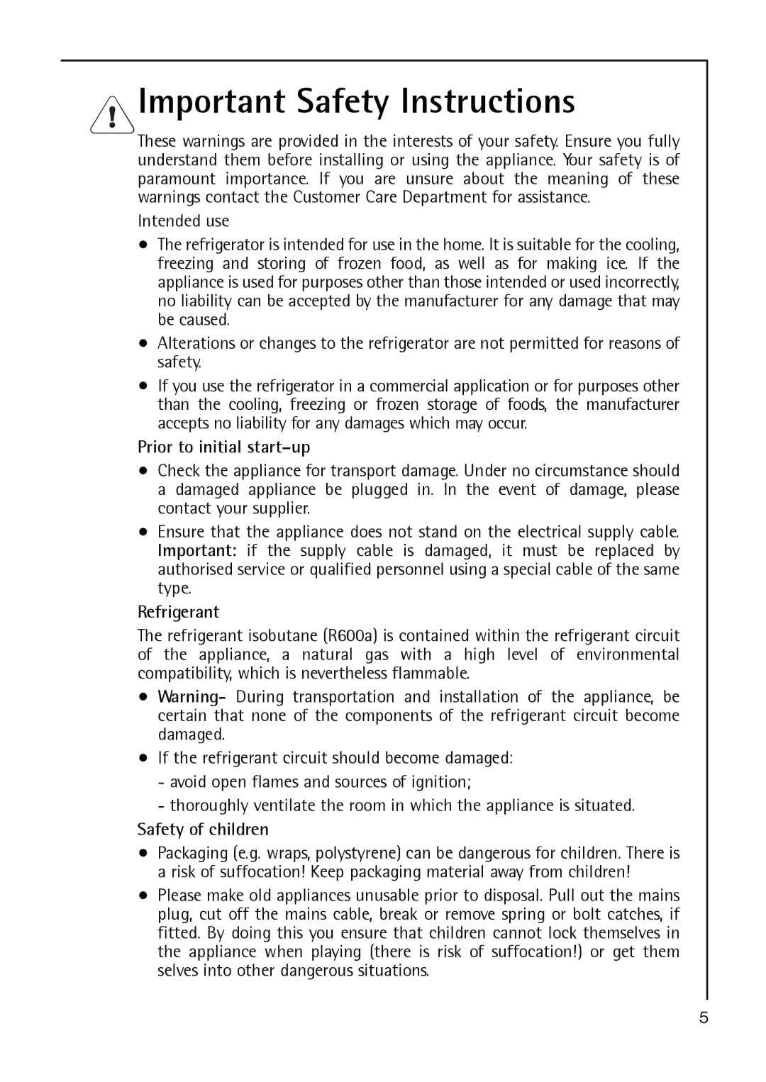 Electrolux A 40100 GS Important Safety Instructions, Prior to initial start-up, Refrigerant, Safety of children 