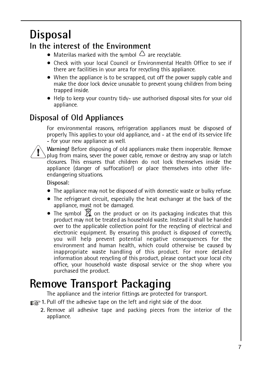 Electrolux A 40100 GS Remove Transport Packaging, Interest of the Environment, Disposal of Old Appliances 