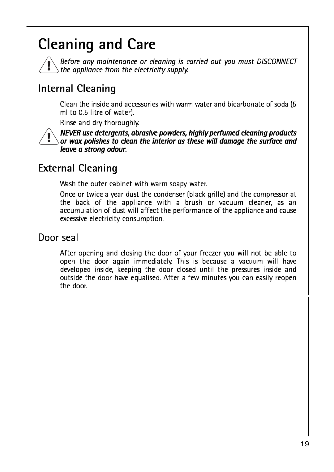 Electrolux A 40100 GS operating instructions Cleaning and Care, Internal Cleaning, External Cleaning, Door seal 