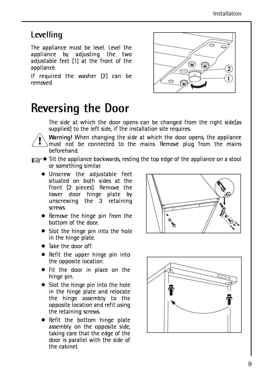 Electrolux A 40100 GS operating instructions Reversing the Door, Levelling 