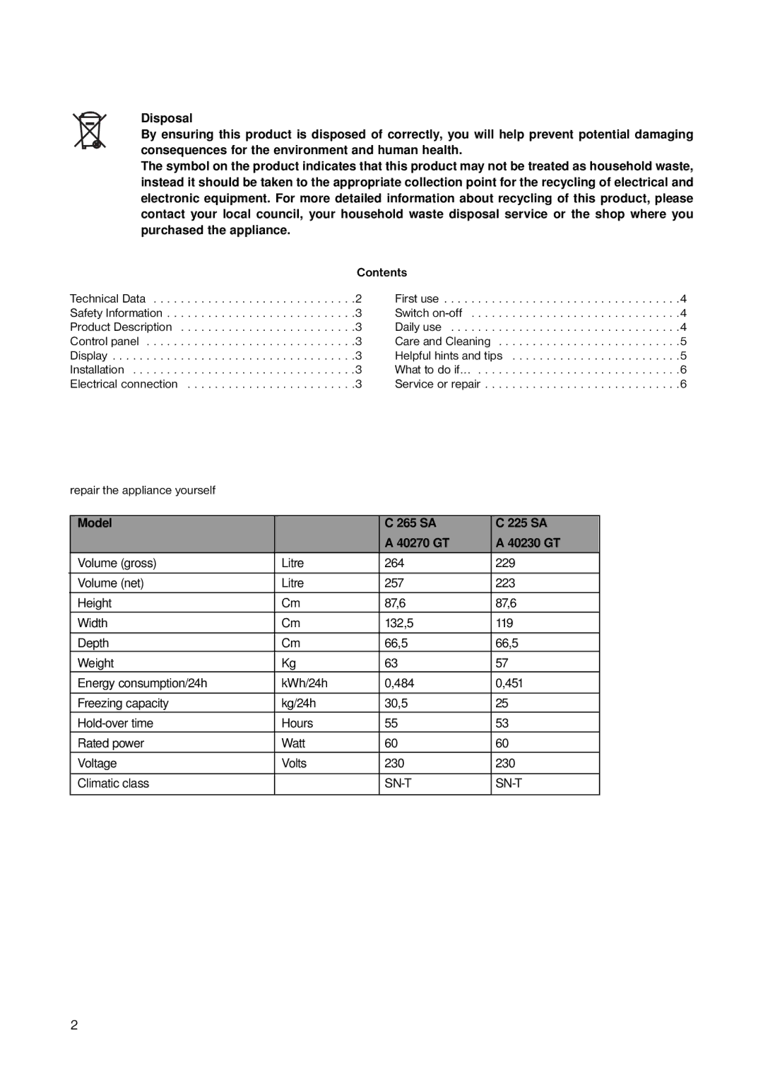 Electrolux A 40230 GT user manual Repair the appliance yourself, Model 265 SA 225 SA 40270 GT 40230 GT 