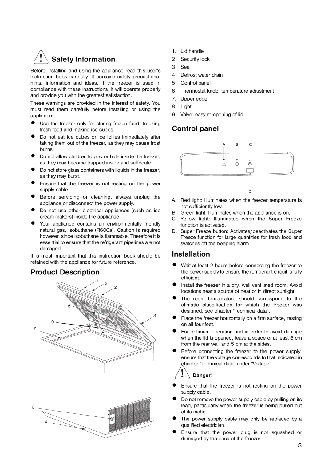 Electrolux A 40230 GT, A 40270 GT user manual Safety Information, Product Description, Control panel, Installation 