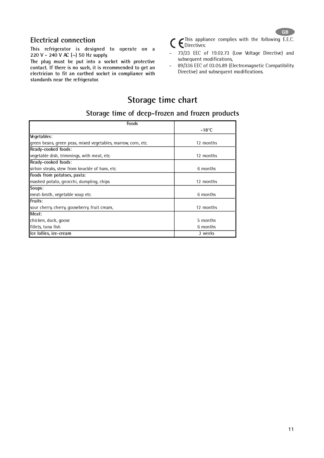 Electrolux A 75100 GA3 operating instructions Storage time chart, Storage time of deep-frozen and frozen products 