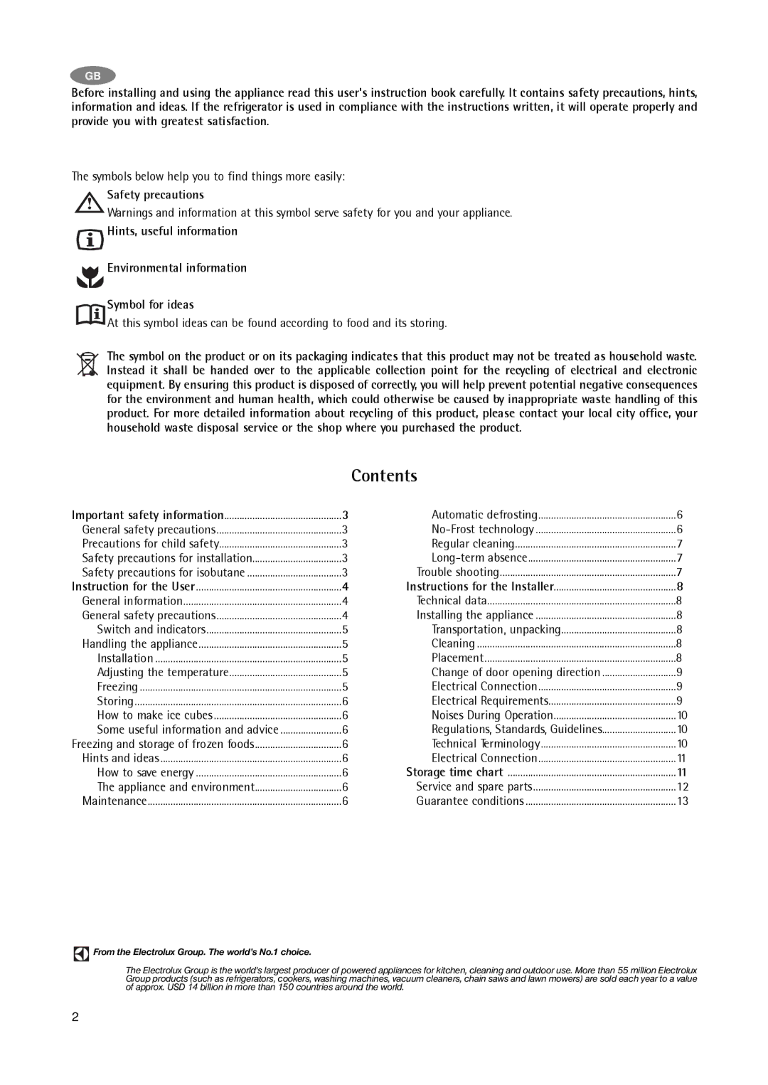 Electrolux A 75100 GA3 operating instructions Contents 