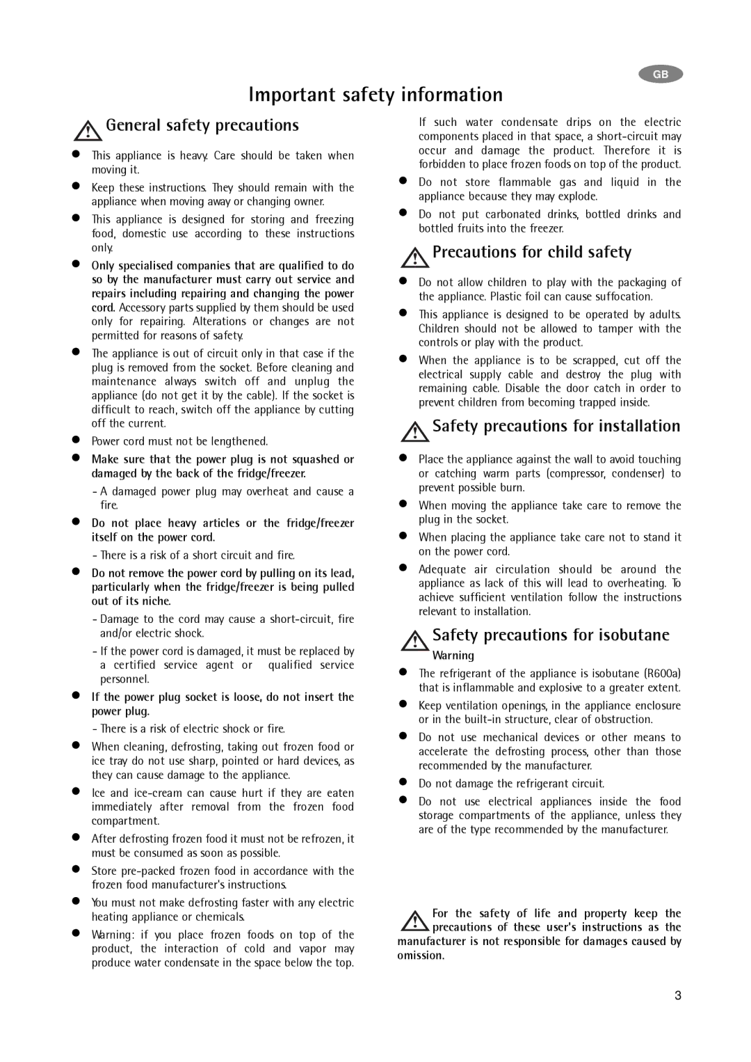 Electrolux A 75100 GA3 Important safety information, General safety precautions, Precautions for child safety 