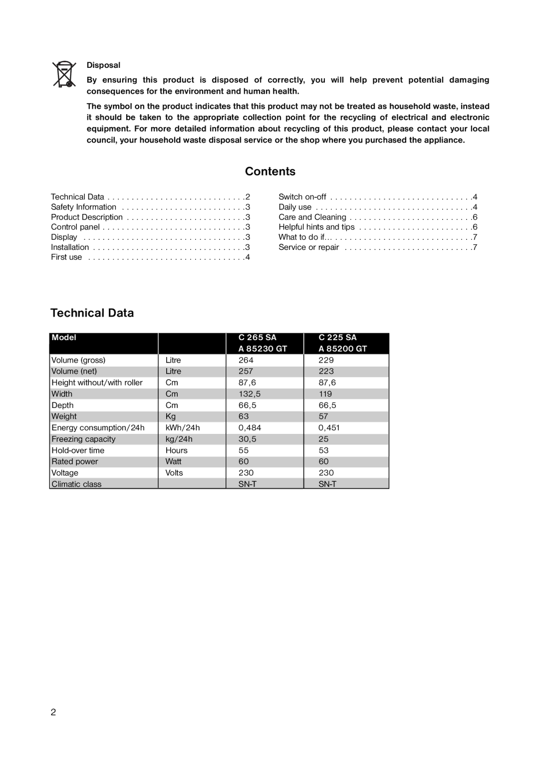 Electrolux A 85200 GT, A 85230 GT user manual Contents, Technical Data 