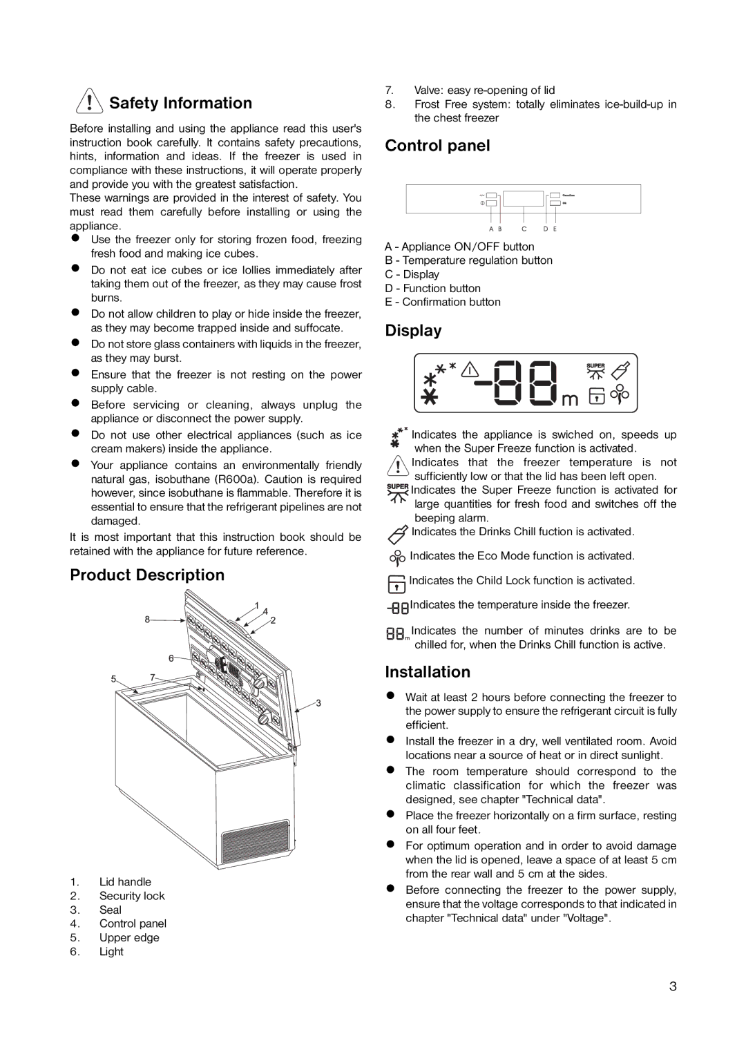 Electrolux A 85230 GT, A 85200 GT user manual Safety Information, Product Description, Control panel, Display, Installation 