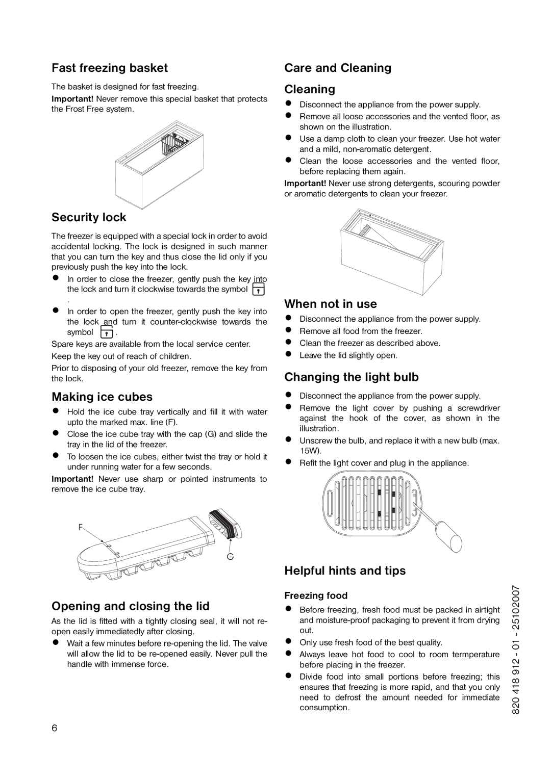 Electrolux A 85200 GT user manual Fast freezing basket, Security lock, Making ice cubes, Care and Cleaning, When not in use 