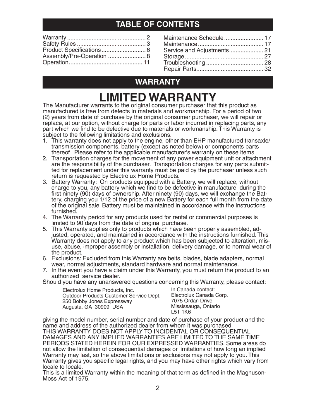 Electrolux AG15538A manual Table of Contents, Warranty 