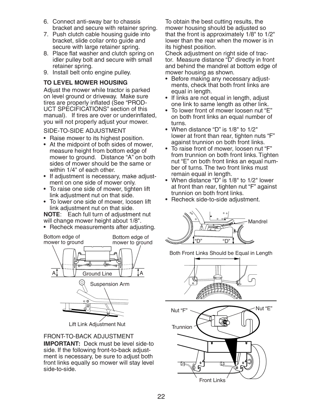 Electrolux AG15538A manual To Level Mower Housing, SIDE-TO-SIDE Adjustment 