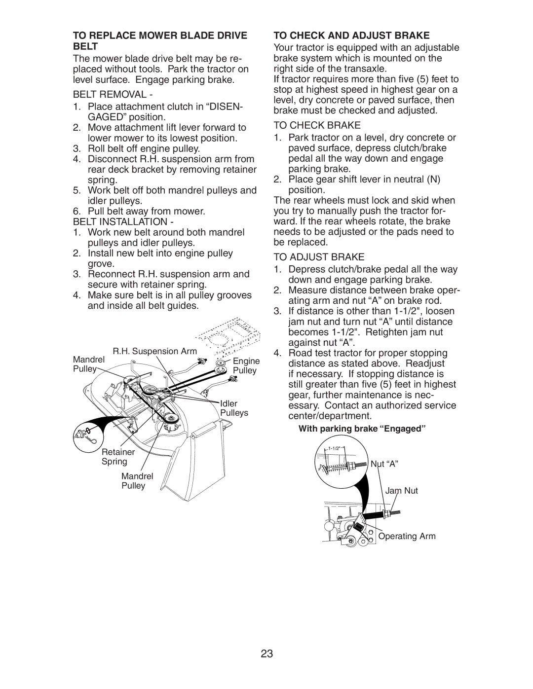 Electrolux AG15538A manual To Replace Mower Blade Drive Belt, To Check and Adjust Brake 