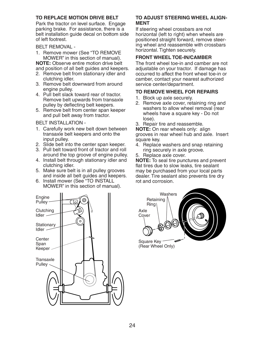 Electrolux AG15538A manual To Replace Motion Drive Belt, To Adjust Steering Wheel ALIGN- Ment, Front Wheel TOE-IN/CAMBER 