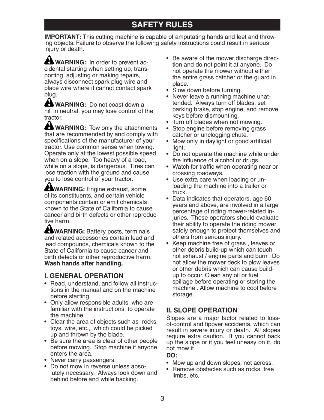 Electrolux AG15538A manual Safety Rules, General Operation, II. Slope Operation 