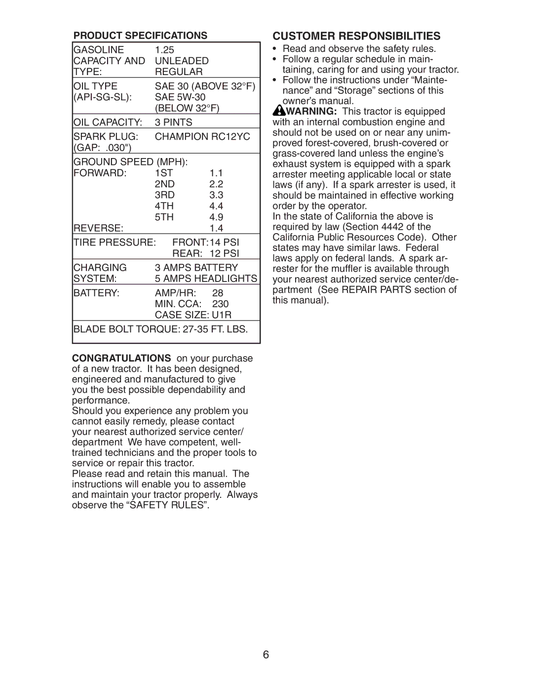 Electrolux AG15538A manual Customer Responsibilities, Product Specifications 