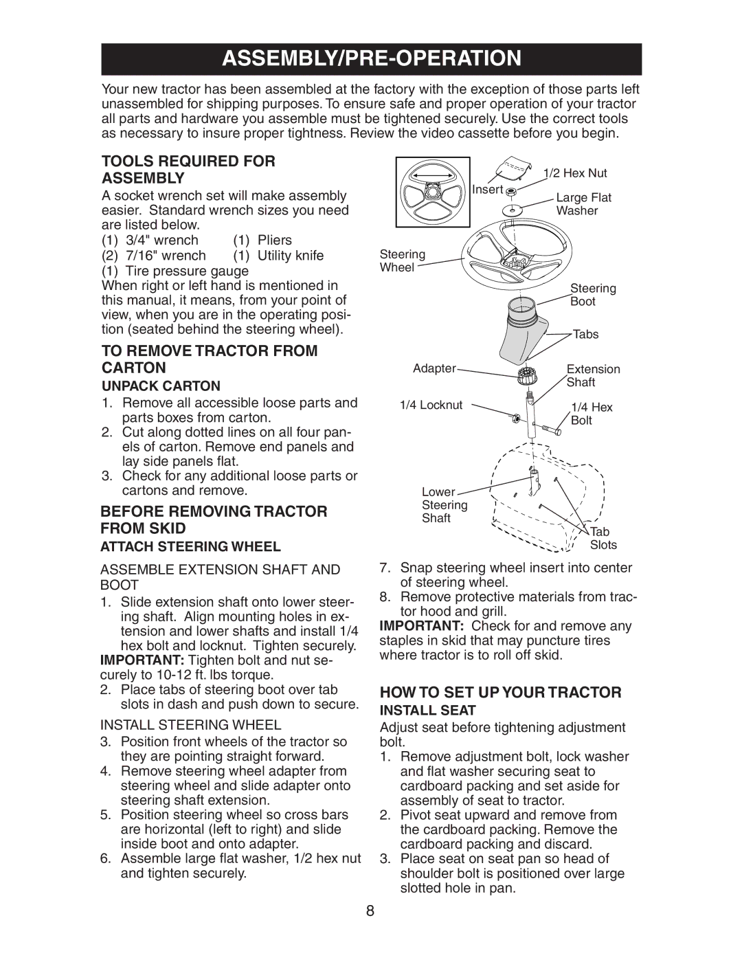 Electrolux AG15538A manual Tools Required for Assembly, To Remove Tractor from Carton, Before Removing Tractor from Skid 