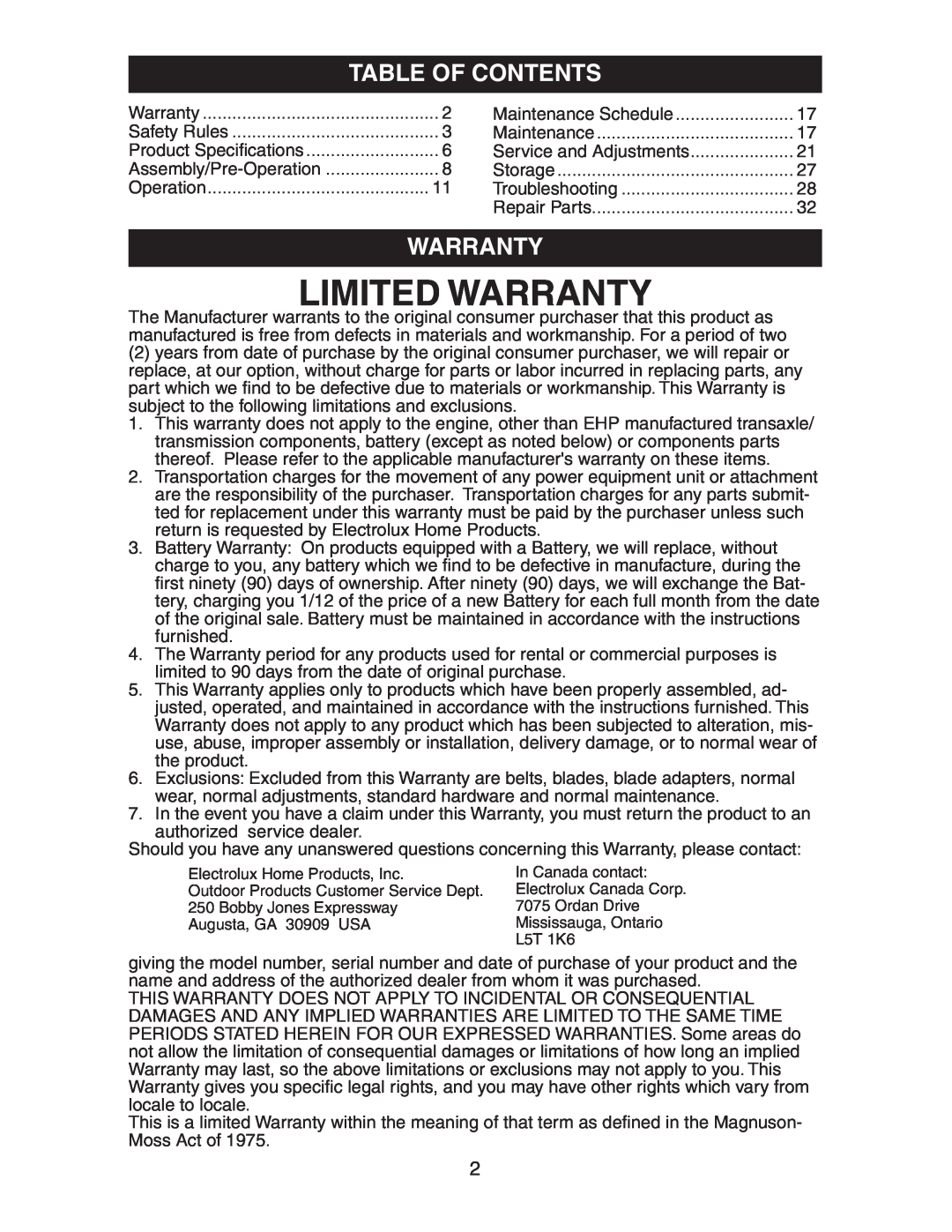 Electrolux AG15538A manual Table Of Contents, Limited Warranty 