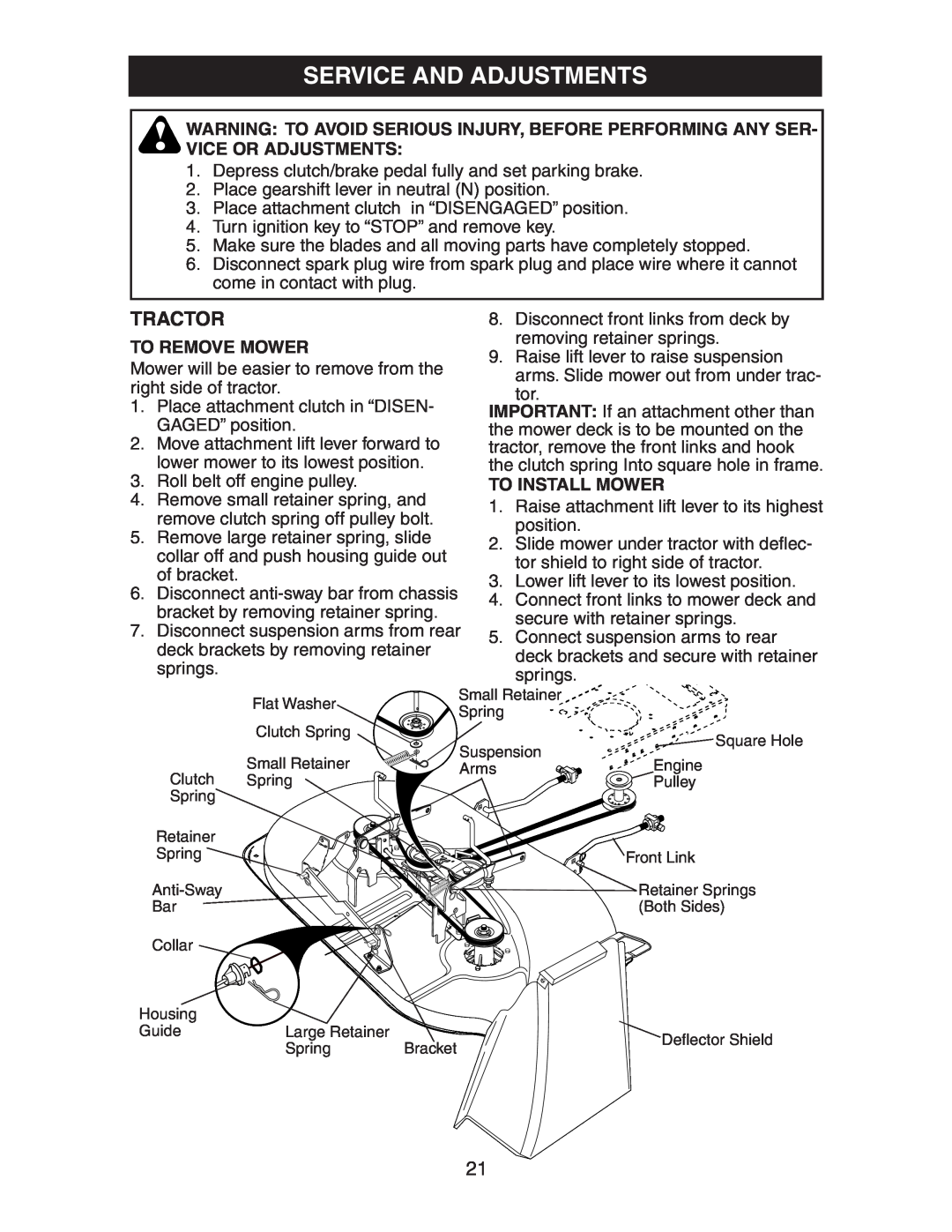 Electrolux AG15538A manual Service And Adjustments, To Remove Mower, To Install Mower, Tractor 