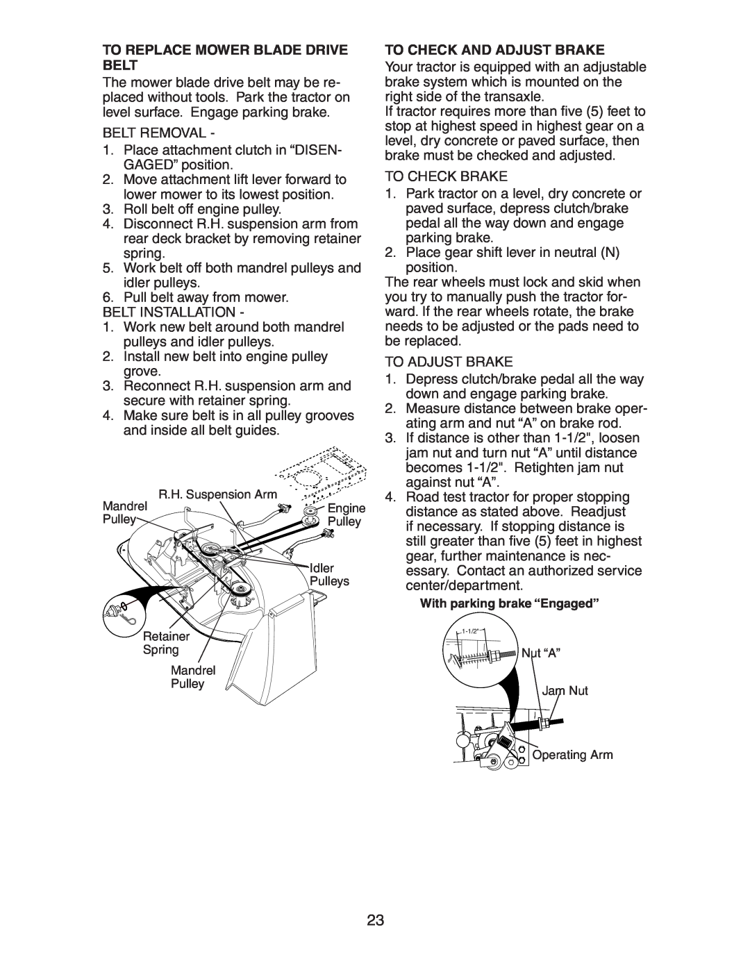 Electrolux AG15538A manual To Replace Mower Blade Drive Belt, To Check And Adjust Brake, With parking brake “Engaged” 