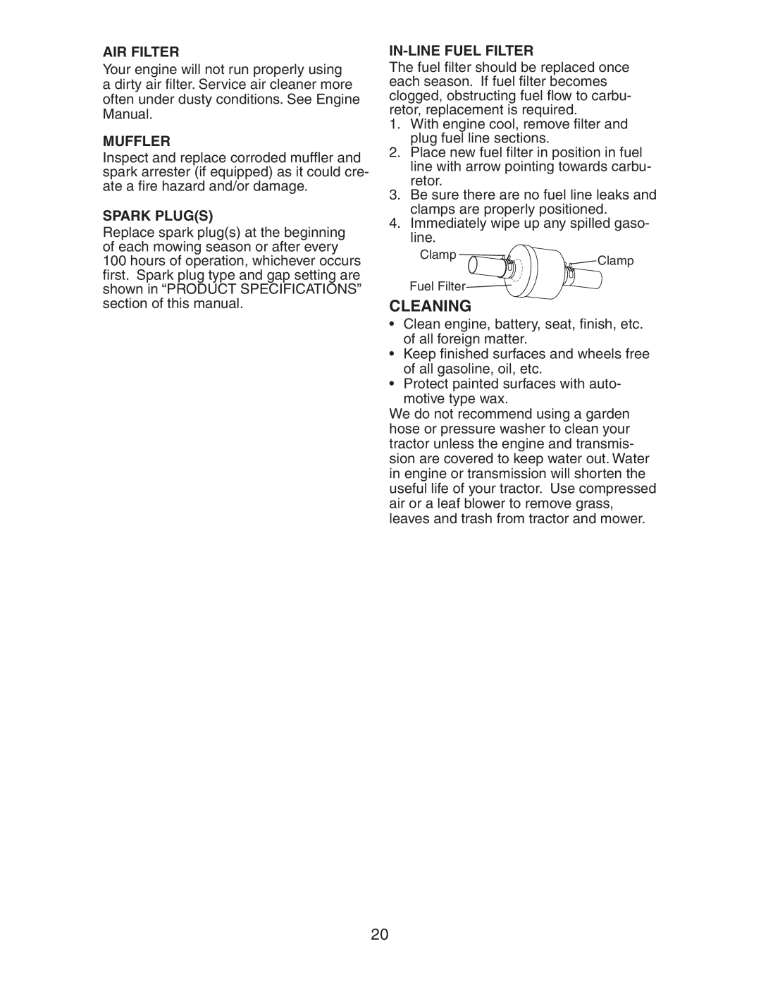 Electrolux AG15538B manual Cleaning, AIR Filter, Muffler, Spark Plugs, IN-LINE Fuel Filter 