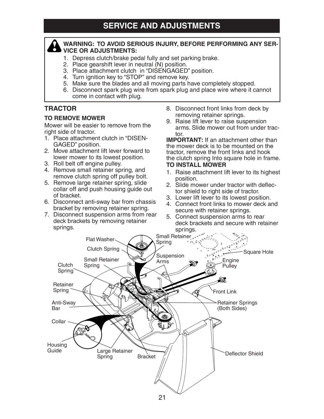 Electrolux AG15538B manual Service and Adjustments, To Remove Mower, To Install Mower 