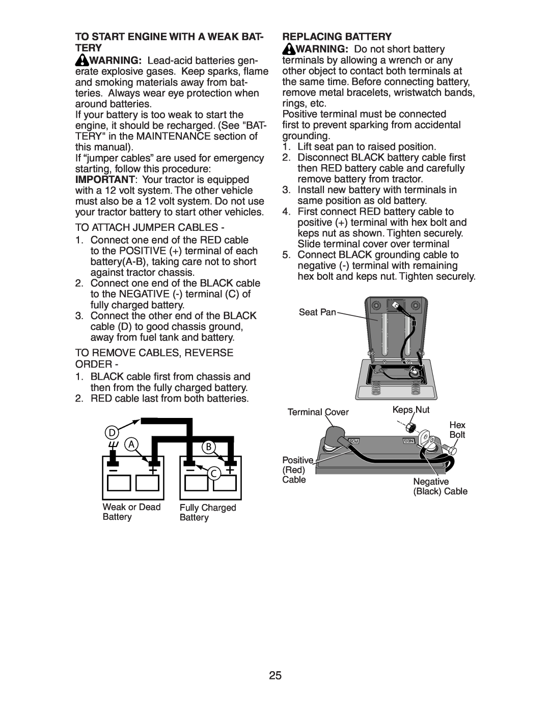 Electrolux AG15538B manual To Start Engine With A Weak Bat- Tery, Replacing Battery 